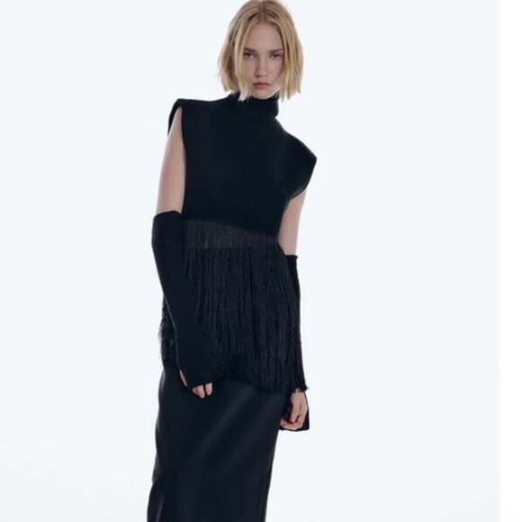Zara Black Turtleneck Sleeveless Fringe Knit Top, NWT, S - Picture 2 of 11